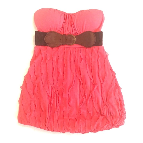 Coral Ruffled Strapless Top With Belt - Picture 1 of 4